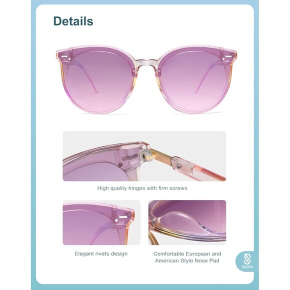 ⚡SOJOS Womens Purple Trendy Classic Round Retro Vintage Large Frame Sunglasses - Picture 4 of 5